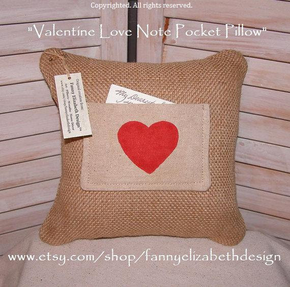 Hochzeit - Love Note Pocket Pillow FREE SHIPPING-Pillow-Valentine's Day-Valentine Gift- Burlap Pillow- Pocket Pillow-Valentine's Day Gift