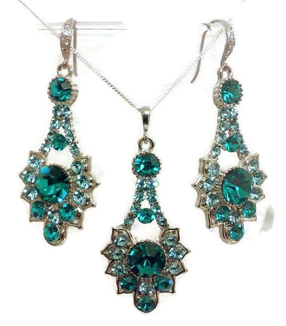 Mariage - Peacock  Teal Turquoise Bridal Party Jewelry Set, Art Deco Earrings, Geometric Necklace, Bridesmaids Jewelry, RAYS
