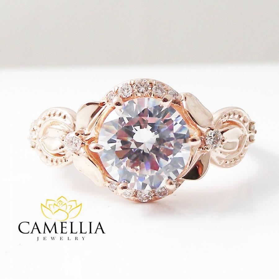 Wedding - Forever Brilliant Round Moissanite Engagement Ring in 14k Rose Gold set with 8mm Moissanite Round Cut Diamond Halo Ring