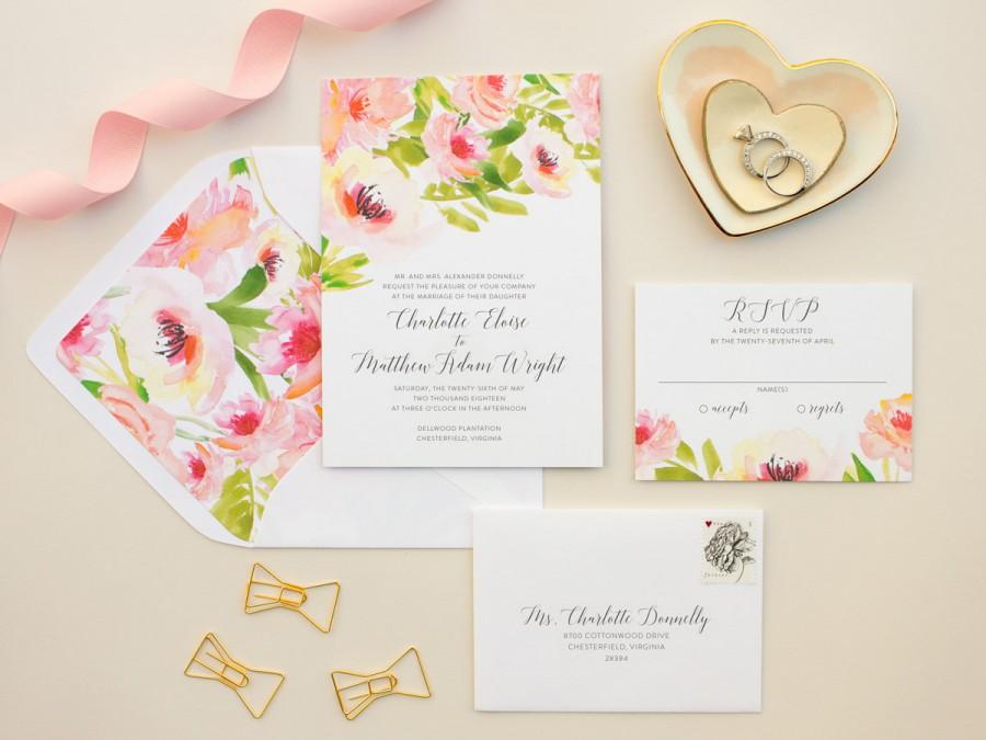 Hochzeit - Watercolor Floral Wedding Invitations, Pink Flowers Invitation Suite for Romantic Wedding, Tropical Floral Invitation SAMPLE 