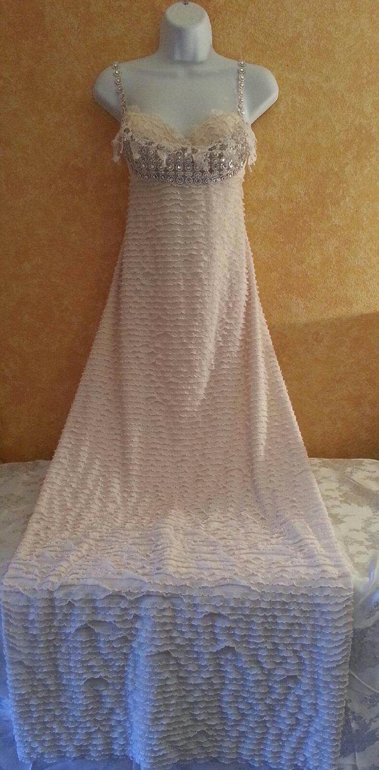 Hochzeit - Vintage Hollywood Glam Ivory & Silver Illusion Jewel Rhinestone Look Mesh Ruffled Lace Sheath Fit Flair A-Line Bridal Wedding Pary Costume
