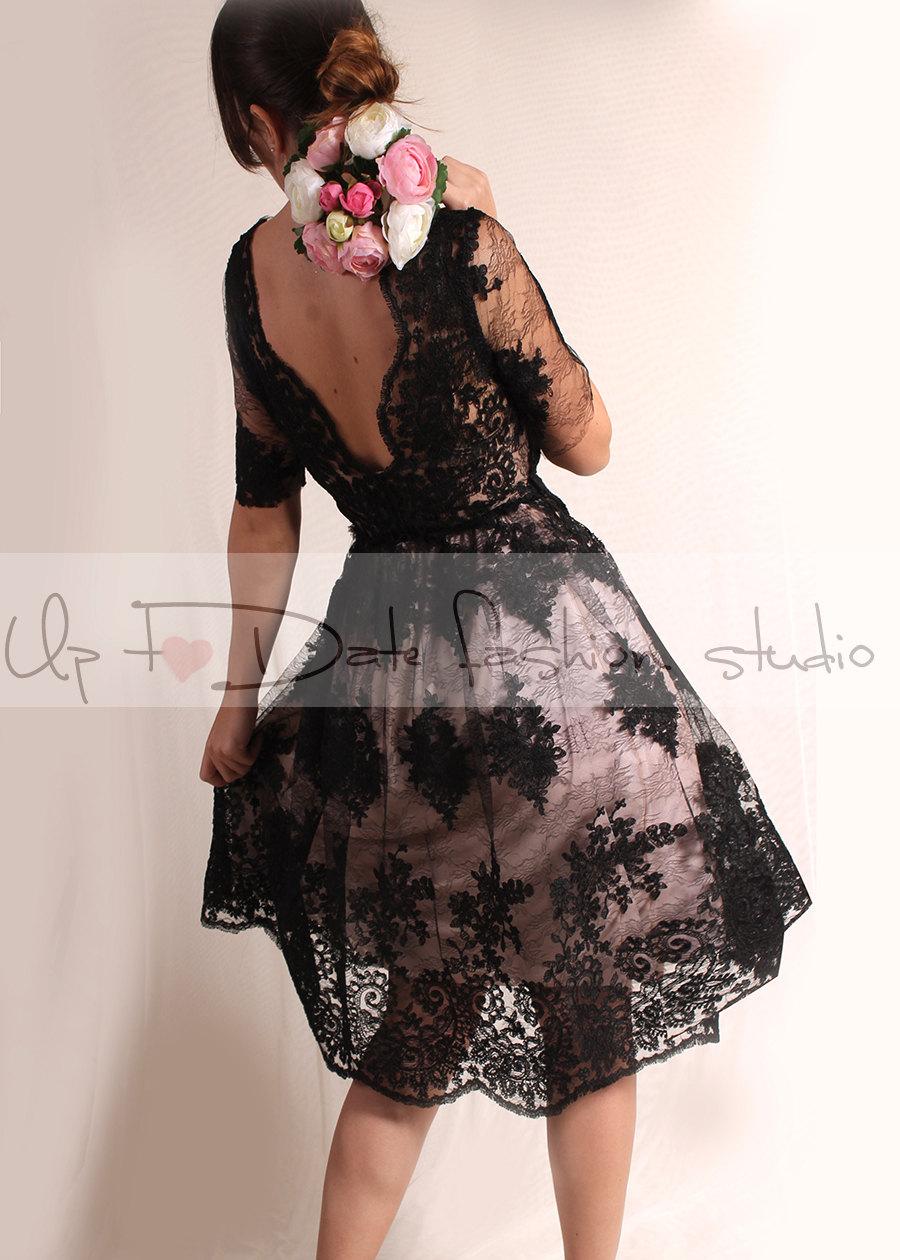 Hochzeit - Little black lace dress / Evening / Party / Cocktail / 3/4 Sleeves/romantic   dress V back