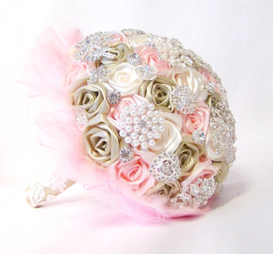 Wedding - Luxurious wedding brooch bouquet pink vanilla and capuccino flowers satin ribbon pearls rhinestone tulle lace roses handmade bow