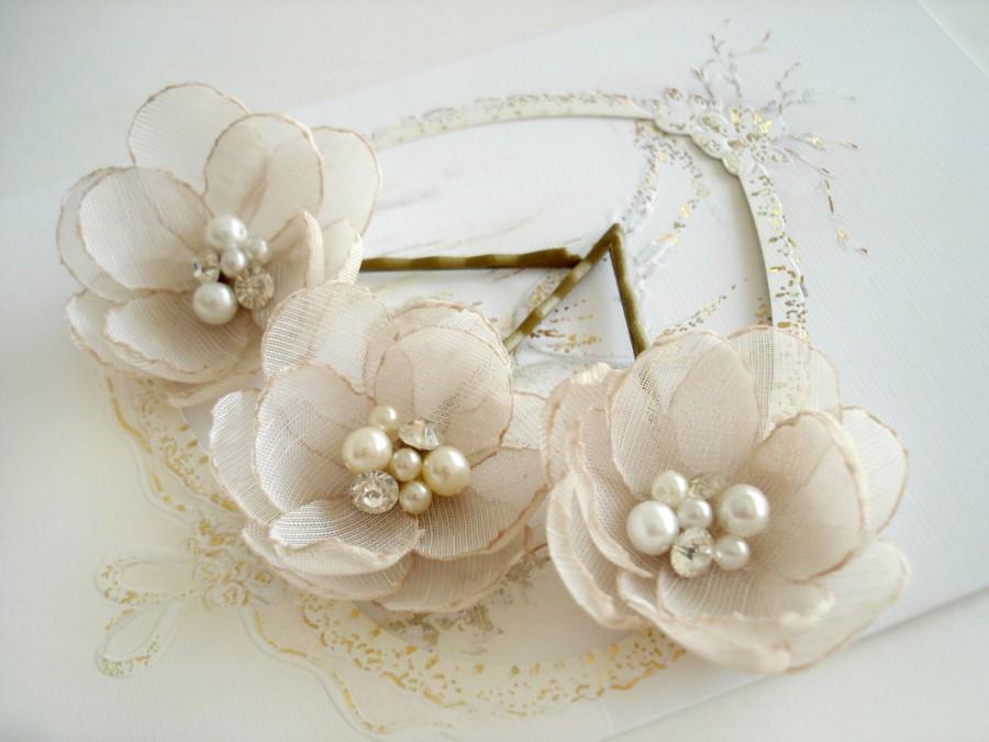 Hochzeit - Champagne Bridal Flower Hair Clips, Hair Piece Wedding Hair Accessory, Pearl Crystal Flower  Hair Pins, Ivory White Head Piece Hairpiece