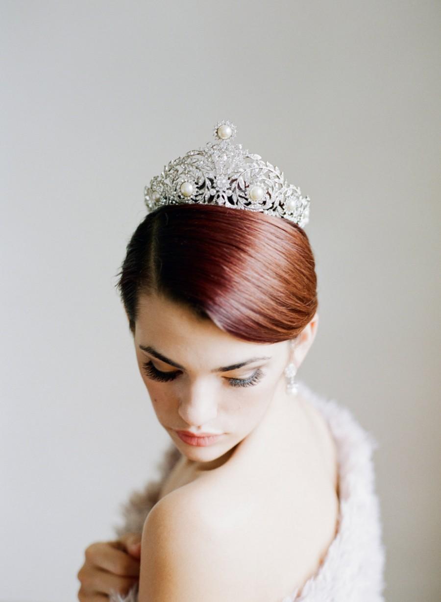 Wedding - Bridal Crown, Full Bridal Crown, Swarovski Crystal Crown, Pearl Wedding Crown, Rhinestone Tiara, Wedding Tiara- EMMALINE Crown