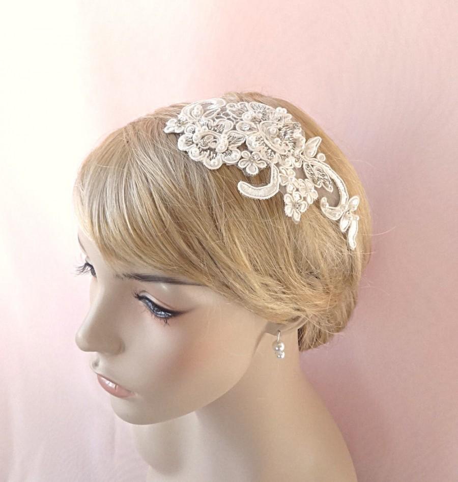 Wedding - Bridal headpiece, Alencon type lace rhinestone headpiece, bridal pearls hair accessory, wedding head piece Style 281