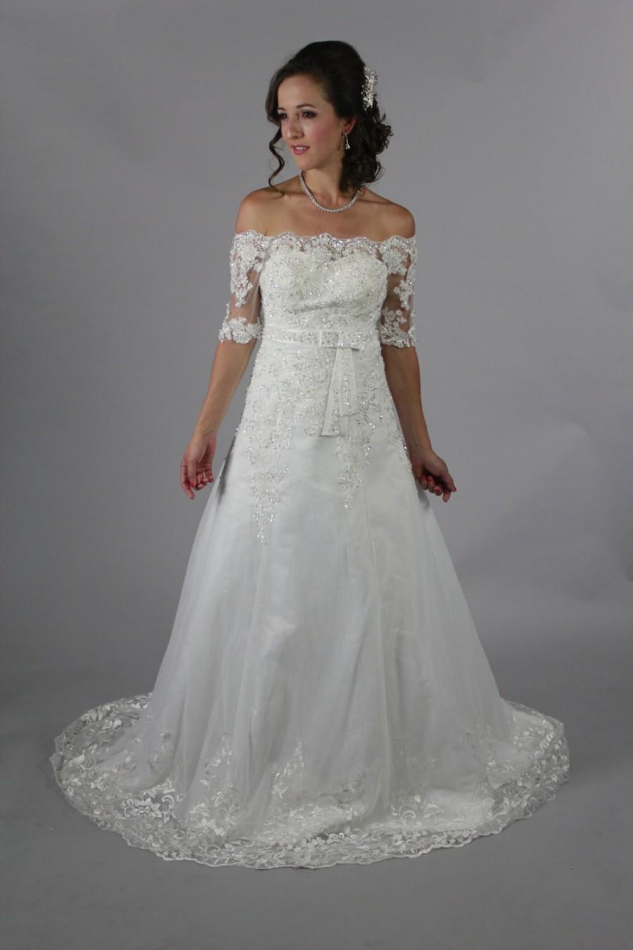 Свадьба - Off shoulder floor length beaded embroidery lace white wedding dress, princess look wedding dress/bridal gown