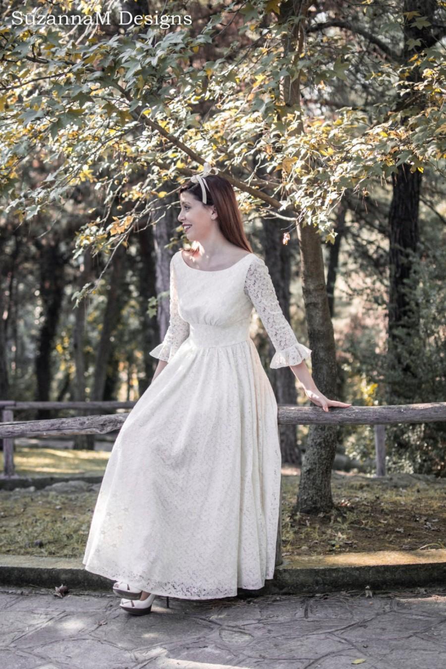 Wedding - Cream Ivory 50s Wedding Dress Full Skirt Bridal Dress Original 50s Style Bridal Dress Tea Length Dress - Handmade by SuzannaM Designs