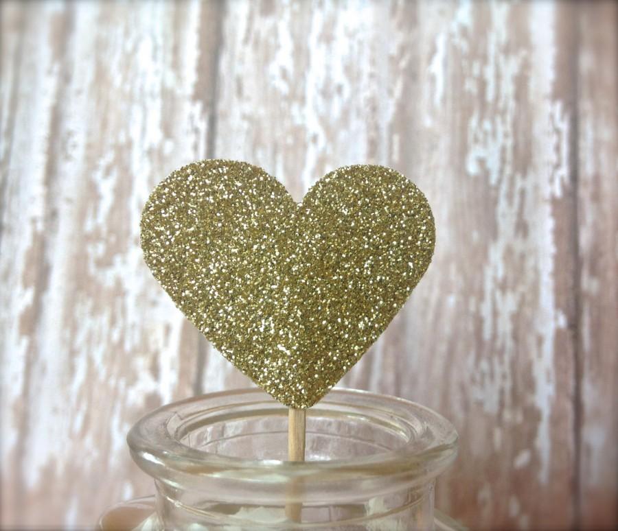 زفاف - Gold Glitter Heart Cupcake Toppers Double Sided Set of 25 or 50, Bridal Shower, Wedding, Birthday, Baby Shower, Gold Anniversary Party