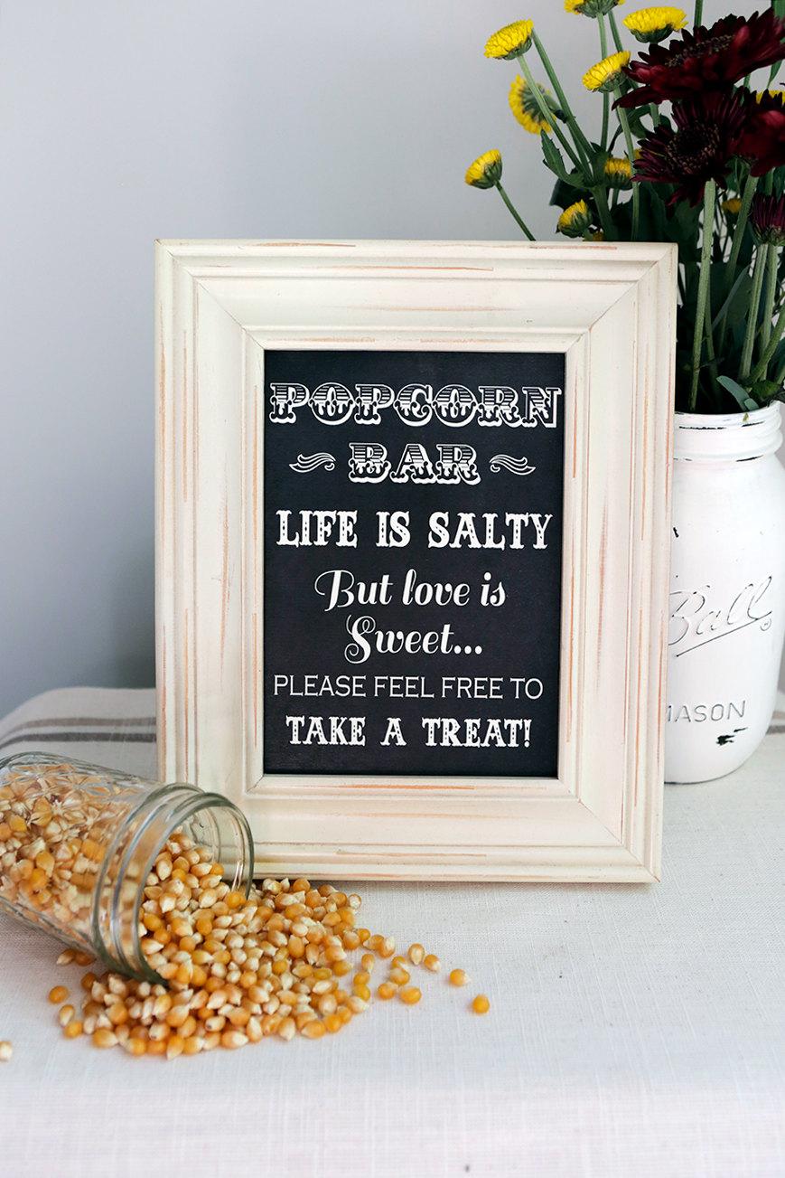 Mariage - 8x10 Instant Download - Popcorn Bar- Wedding Favor - Candy Bar - Printable Chalkboard File, Life Is Salty But Love Is Sweet, Grab A Treat