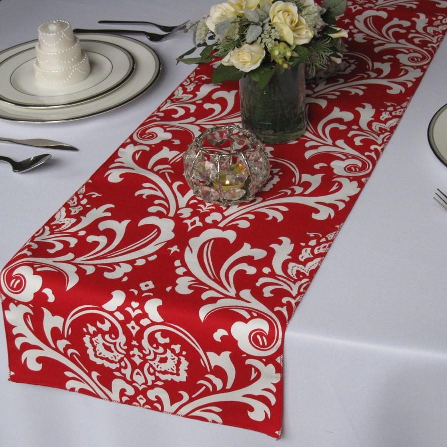 زفاف - Traditions White on Red Damask Table Runner Wedding Table Runner