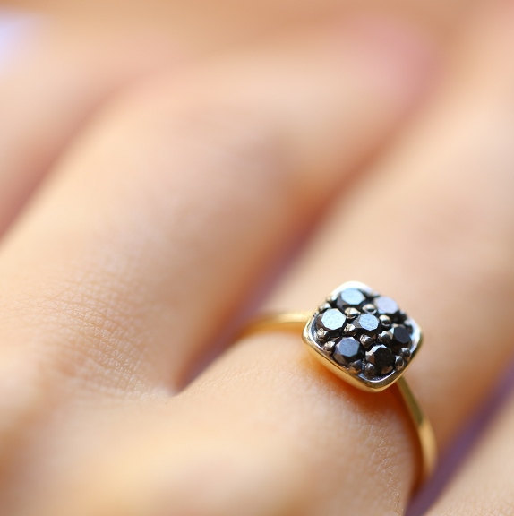 زفاف - NEW YEARS SALE Unique engagement ring, Square Engagement ring, Black Pave Diamonds, 0.5 Carat Diamonds, 14k Solid Gold Black diamonds ring
