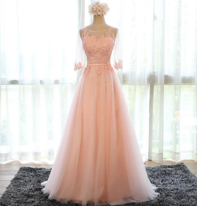 Hochzeit - Bridesmaid Dress, Lace Tulle Pink Bridesmaid Dress, Wedding Dress, Floor Length Prom Dress, Embroidery Evening Dress