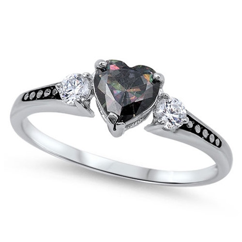 Wedding - 1.00 Carat Heart Shape Mystic Rainbow Topaz Round Russian Ice CZ Accent Antique Finish 925 Sterling Silver Promise Dazzling Ring