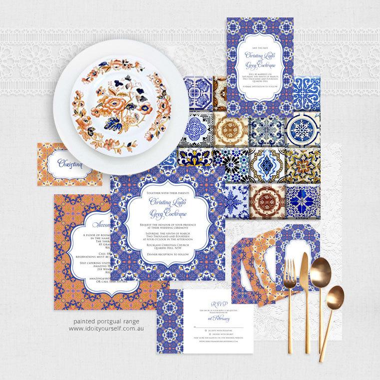 Свадьба - painted portugal printable wedding stationery set invitation suite diy wedding files spanish tile invite reception or ceremony blue purple