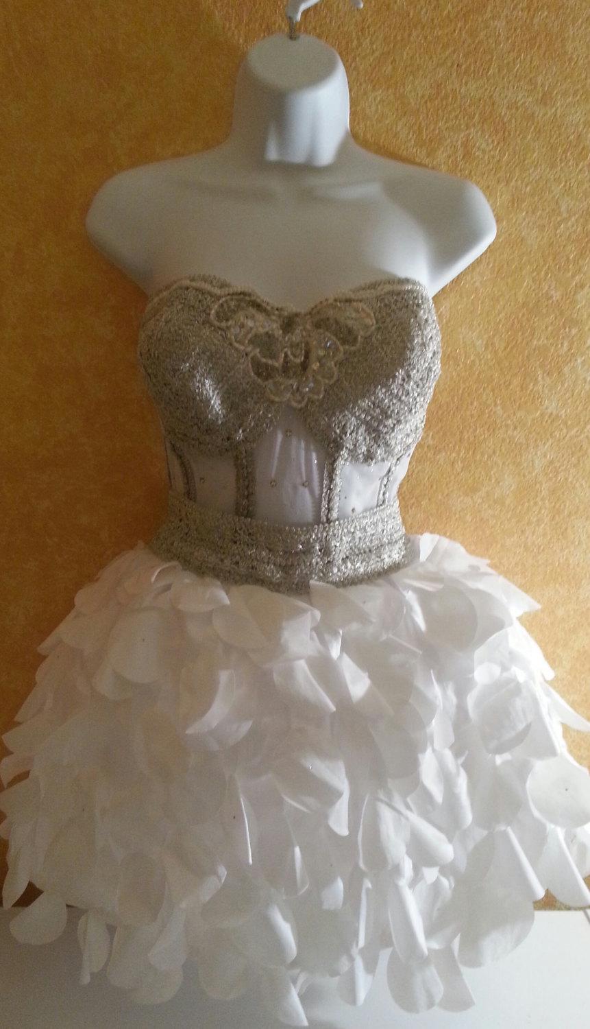 Wedding - Sample Dress Listing / Vegas Bride Victorian Sheer Jeweled Boned White & Silver Corset Bustier Taffeta Petal Bridal Mini Tutu Wedding Dress