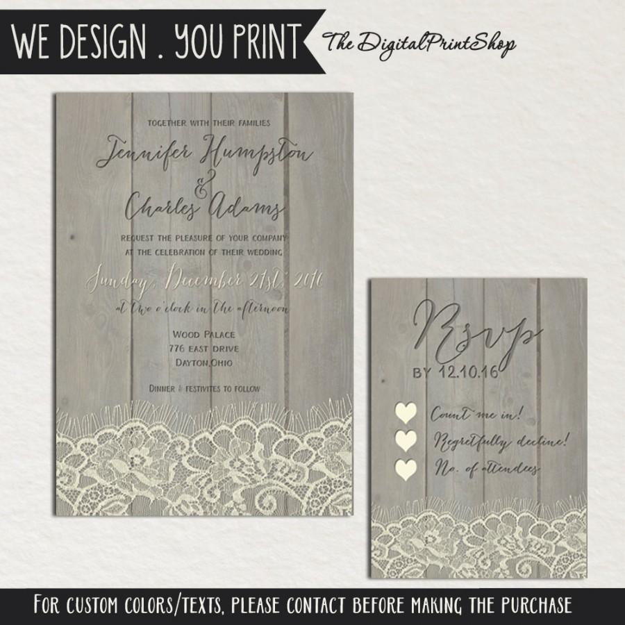 Свадьба - Rustic Wedding faux Wood invite printable carved Lace wedding, reception INVITATION , RSVP card DIY (38) Digital Downloadable File (.jpg)