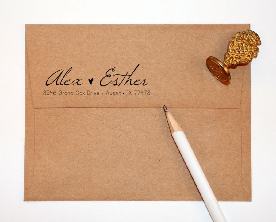 زفاف - Return Address Stamp with heart for weddings and save the dates, black self inking stamp, rubber stamp wood handle