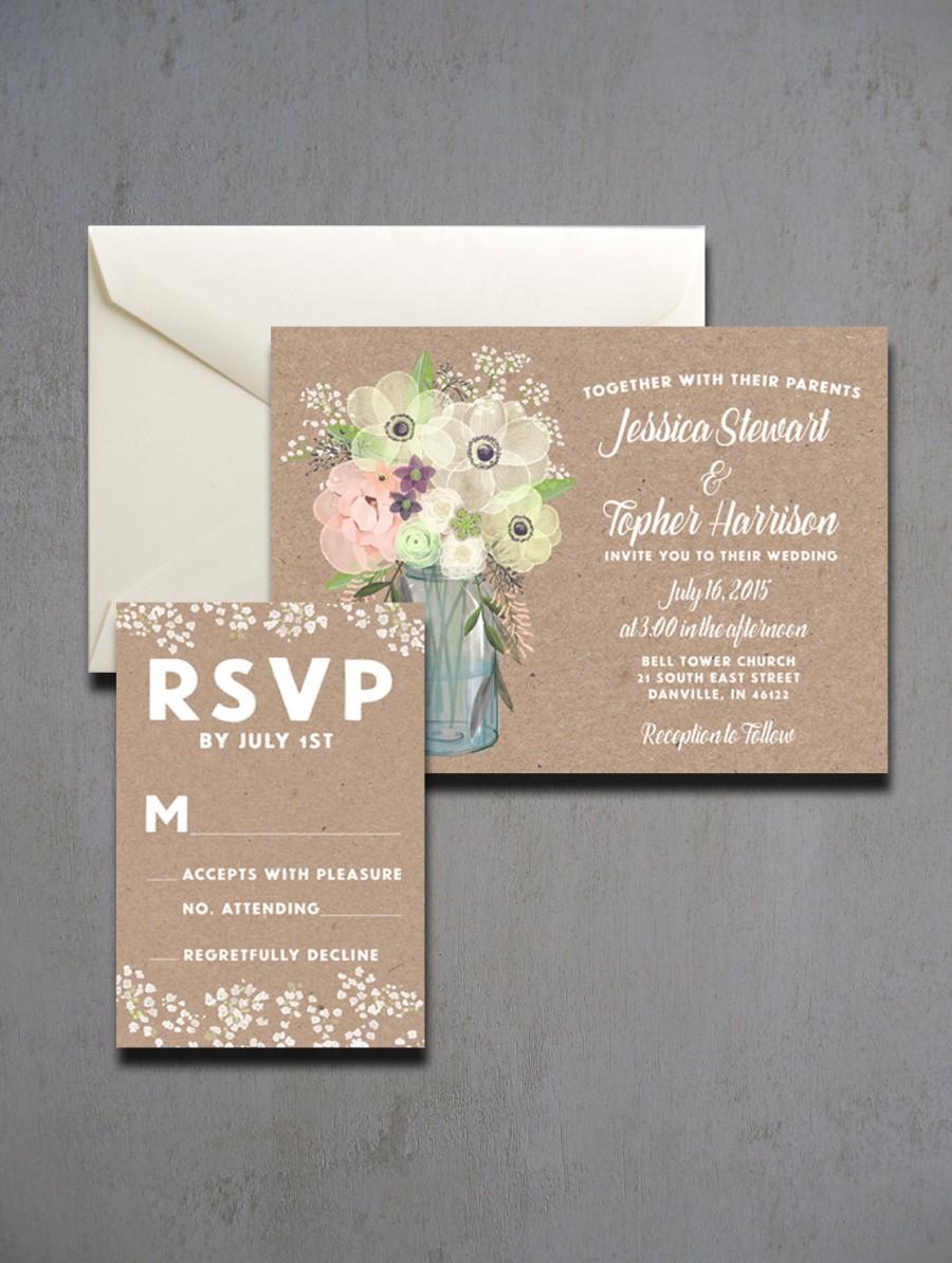 Mariage - Mason Jar Wedding Invitations - Watercolor Mason Jar Wedding Invitations - Rustic Mason Jar Wedding Invitations - Mason Jar Wedding Invites