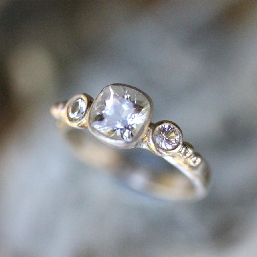 زفاف - Pale Aquamarine And White Sapphire Sterling Silver Ring, Gemstone Ring, Three Stones Ring, Engagement Ring, Stacking Ring -Made To Order