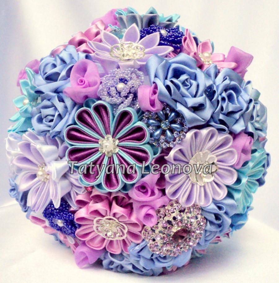 زفاف - Fabric Wedding Bouquet, Brooch bouquet "Muse" Blue, Azure, Purple and Lilac, 9"