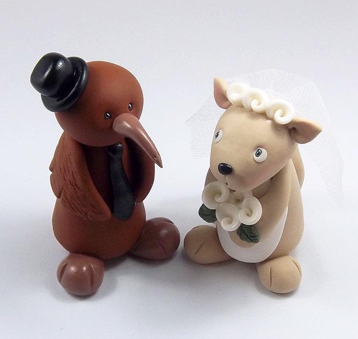 زفاف - Kiwi Bird, Kangaroo, Wedding Cake Topper, Personalized, Animal Cake Topper