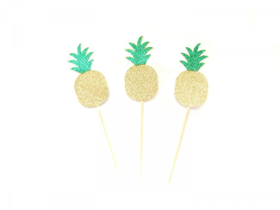 Wedding - 12 Gold & Green Glitter Pineapple Cupcake Toppers - Summer Cupcake Toppers, Summer Birthday, Pineapple Party, Pineapple Decor