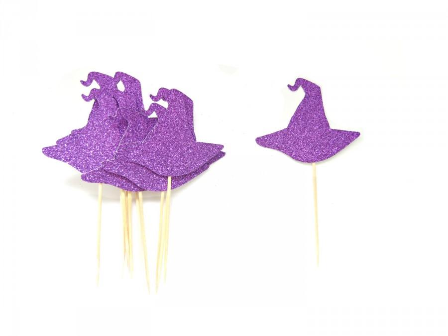 Wedding - 12 Purple Witch Hat Cupcake Toppers -  Halloween Cupcake Toppers, Halloween Party, Halloween Decorations, Witch Party