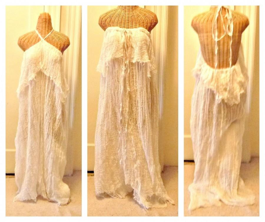 Wedding - Backless Halter Dress Beach Gown Strapless Convertable White or Cream Custom Bridal Wedding One Size Womens Cotton Gauze Plus