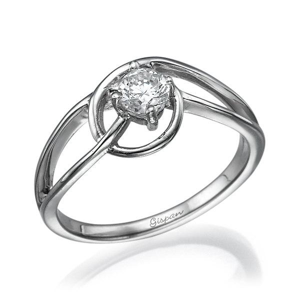 زفاف - White Sapphire Engagement Ring 14k White gold In Prong Setting With Unique Band