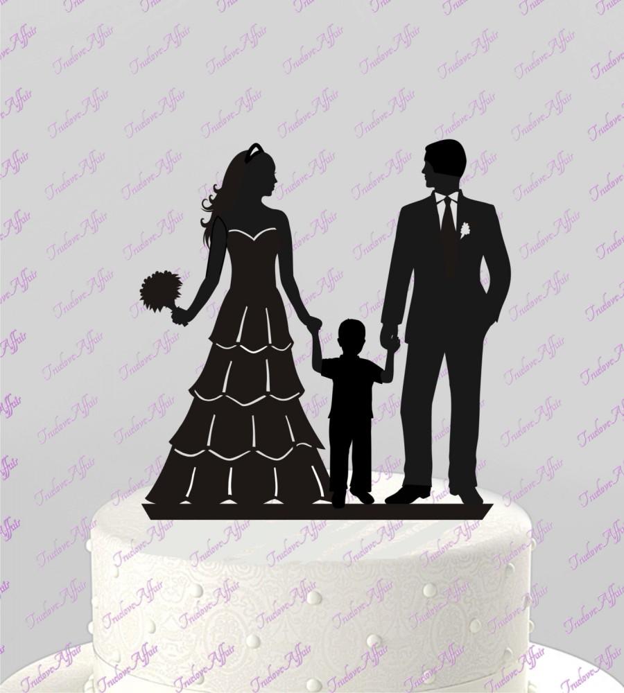 Hochzeit - Wedding Cake Topper Silhouette Groom and Bride with little Boy -  Family Acrylic Cake Topper [CT83b]