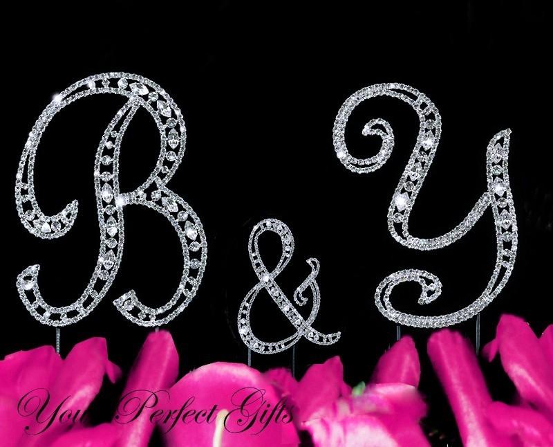 Mariage - Rhinestone Crystal Monogram Wedding Party Cake Topper Initial Letter Silver Birthday Anniversary 3pcs CT065