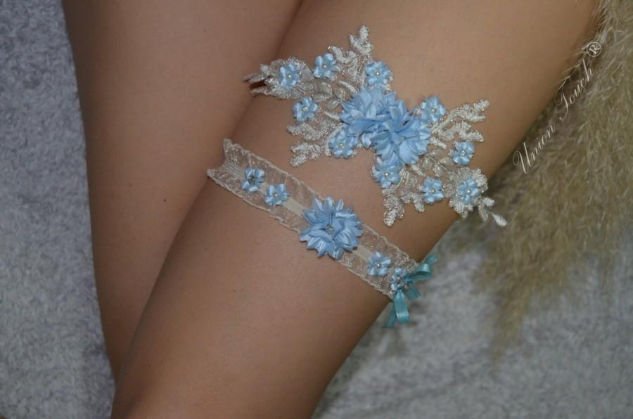 Hochzeit - Light Blue Flower Pearl Beaded Lace Wedding Garter Set , Light Blue Lace Garter Set, Toss Garter , Keepsake Garter,Something Blue, Garter