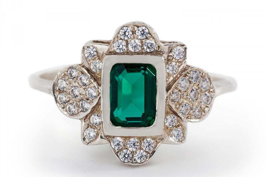 Wedding - Vintage Emerald Engagement Ring, Diamond Emerald Ring, Halo Engagement Ring, Art Deco Engagement Ring, Green Emerald Ring, 18K White Gold