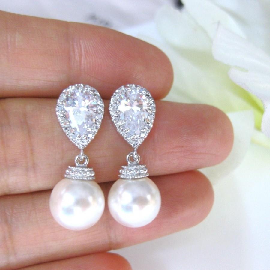 Wedding - Bridal Pearl Earrings Swarovski 10mm Round Pearl Earrings Wedding Jewelry Bridesmaid Gift Pearl Drop Earrings (E014)