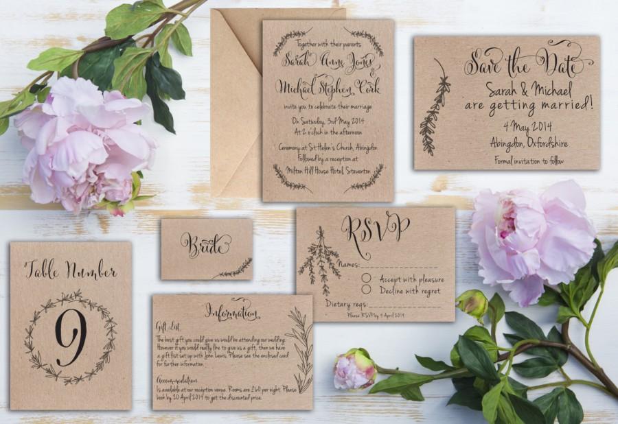 Wedding - Rustic rosemary kraft wedding invitation. Matching save the date, RSVP, table number etc available