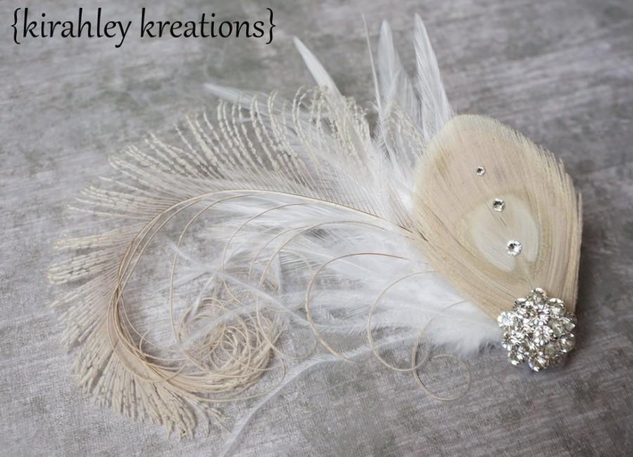 Свадьба - CELESTE - Champagne Ivory White Peacock Feather Wedding Bride Bridal Fascinator Headpiece Hair Clip Large Rhinestone Customization Available