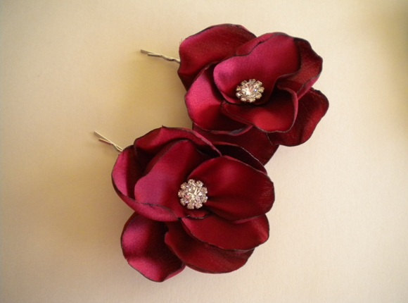 Hochzeit - Bridal hair pins, satin flowers with rhinestone choose colors - Cranberry, white, ivory - Style A01