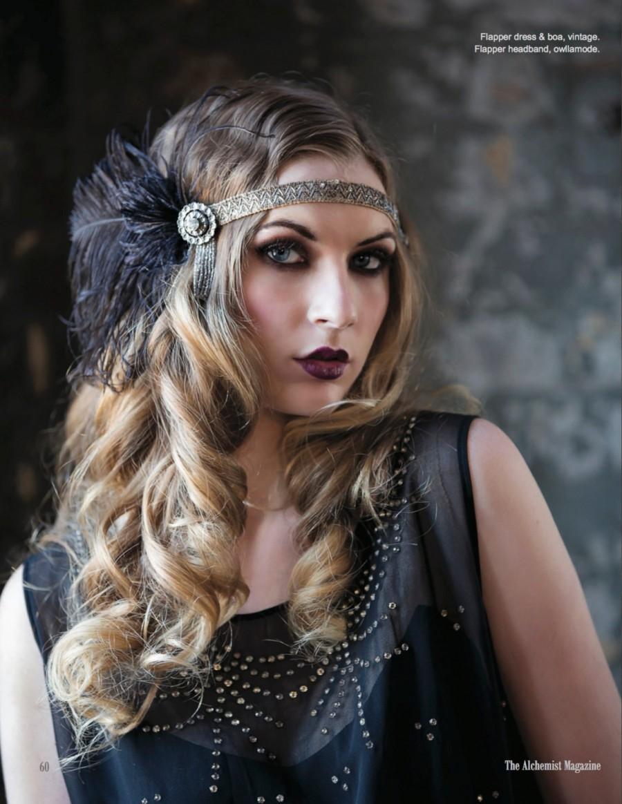 Mariage - 1920's headpiece edwardian headband of silver beaded trim and cruelty free black ostrich feathers- Audrey