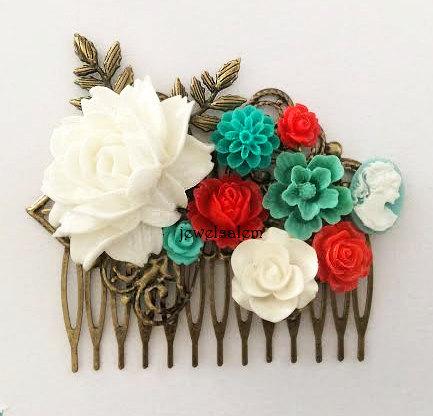 Mariage - White Wedding Hair Comb Red Bridal Headpiece Turquoise Teal Aqua Collage Flower Floral Leaf Branch Vintage Style Romantic Bohemian