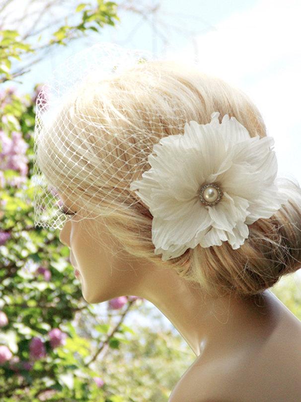 Свадьба - Ivory Birdcage veil - Wedding fascinator - Fascinator - Ivory wedding veil - Wedding Hair flower- Ivory birdcage veil - Ivory fascinator -