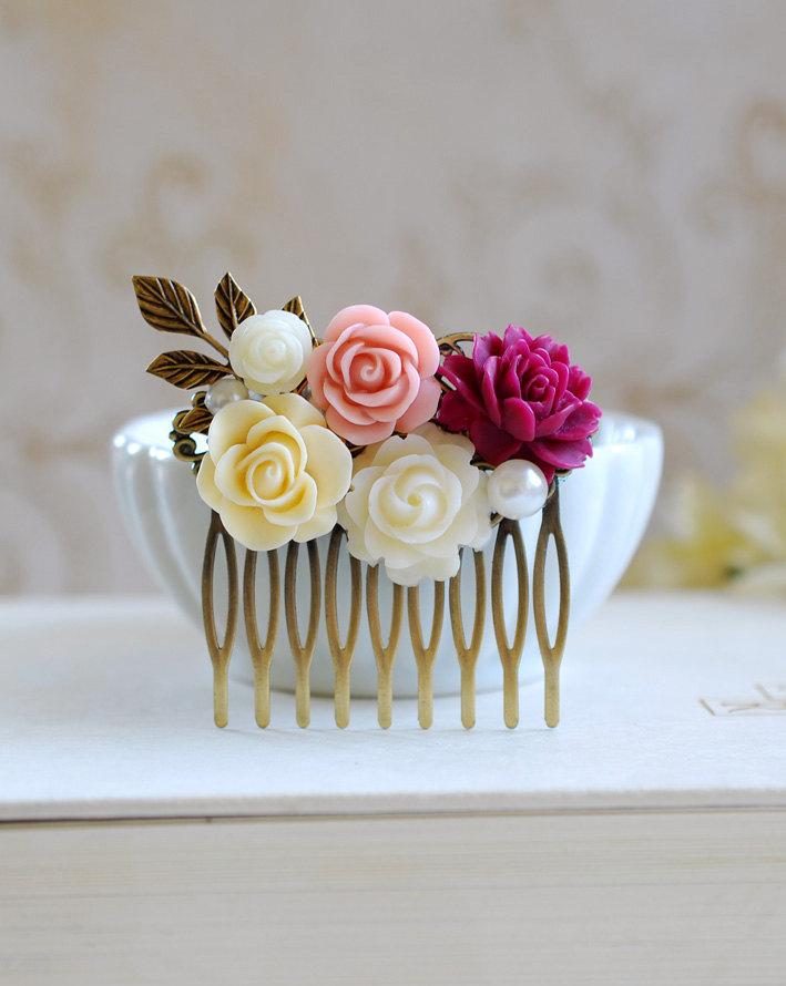 Свадьба - Bridal Hair Comb. Pink Plum Ivory Rose Flower Collage Hair Comb. Flowers Leaf Hair Comb, Wedding Hairpiece, Wedding Bridesmaid Comb