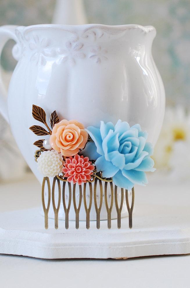 Свадьба - Peach Coral and Blue Bridal Hair Comb. Light Blue Peony  Peach Rose Ivory Coral Flower Hair Comb, Wedding Hair Accessory, Bridal Party Gift