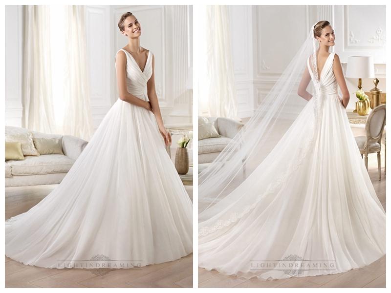 Hochzeit - Gorgeous V-neck And V-back Draped Ball Gown Wedding Dresses