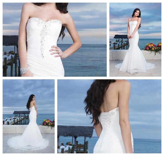 Mariage - Chiffon Center Bodice Ruched Asymmetrical Mermaid Wedding Gown With A Lace Up Back