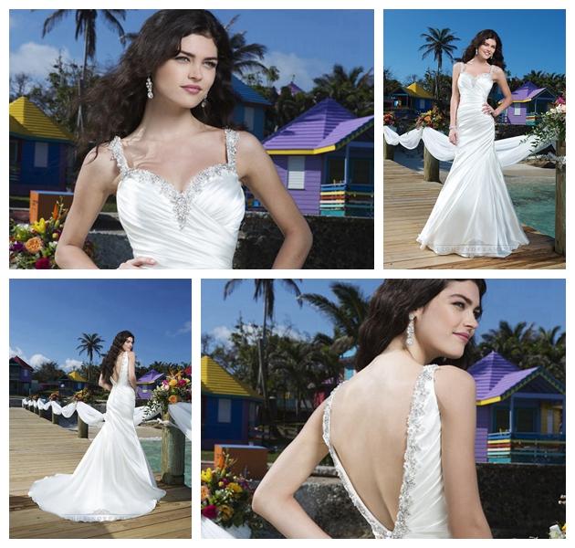 Hochzeit - Beaded Straps Charmeuse Asymmetric Pleated Mermaid Wedding Gown with Deep V-back