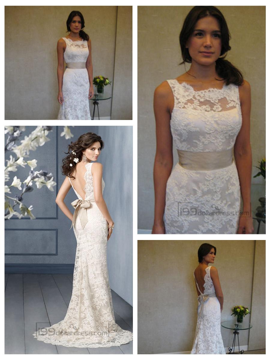 Mariage - Scallop Bateau Neckline A-line Lace Open Back Wedding Dresses with Sweep Train