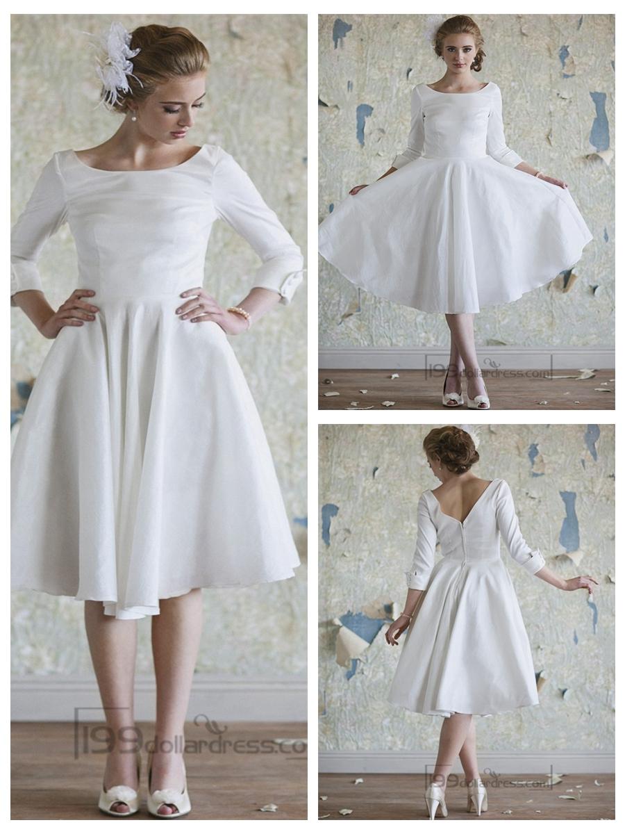 زفاف - Classic Vintage A-line 3/4 Length Sleeves Tea Length Wedding Dresses