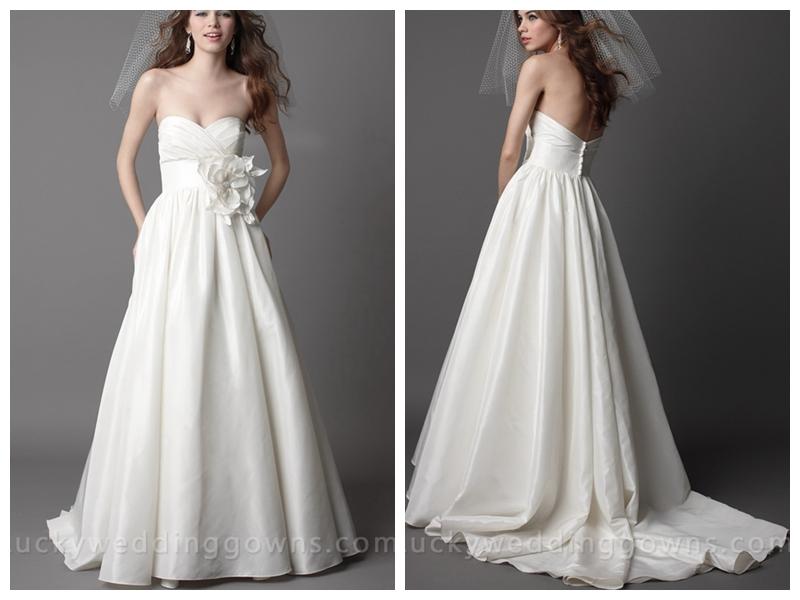 Hochzeit - Ivory Taffeta Strapless Chapel Train Wedding Dress With Pleated Bodice