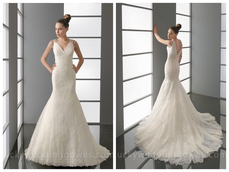 Wedding - V Neck and Back Embroidered Trumpet Wedding Dress with Wide Straps